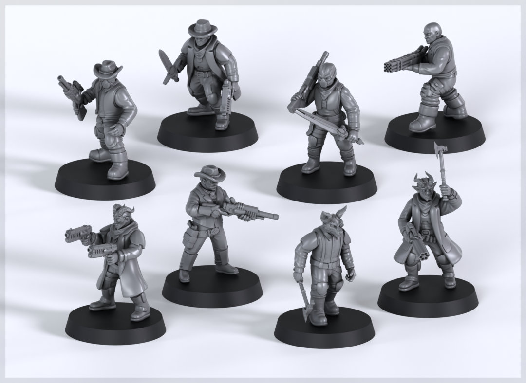 A render of 8 sci-fi wild west miniatures image